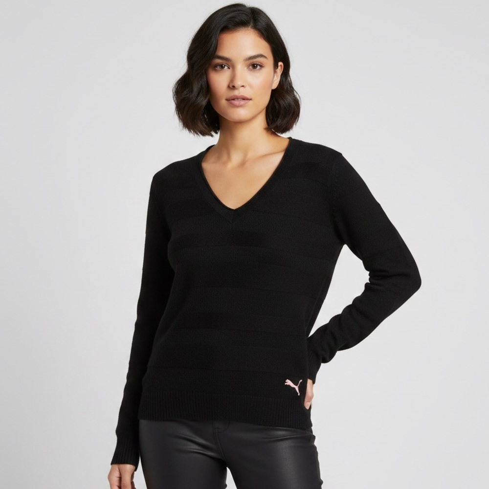 Vintage Puma Women’s V Neck Wool Blend Sweater Black Size S